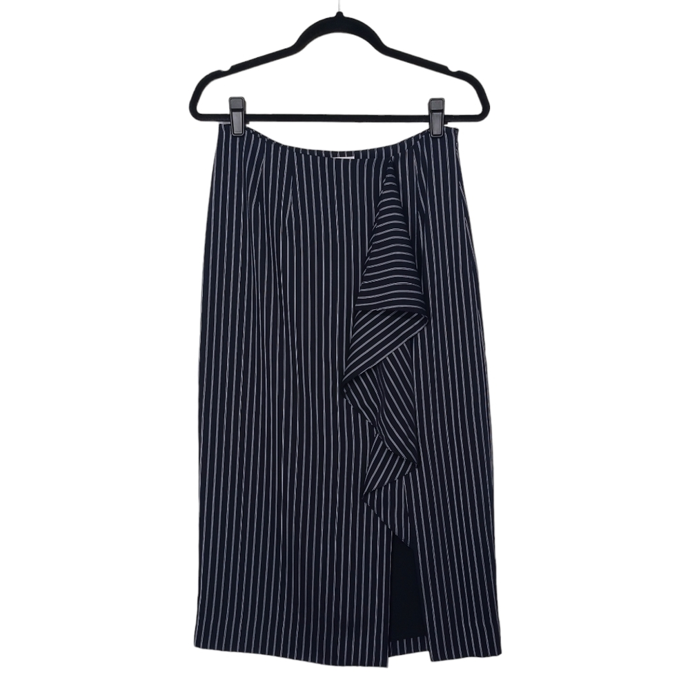 ESSENTIEL ANTWERP White Pinstripe Ruffle Dark Navy Blue Pencil Skirt 6 (Small)